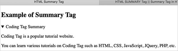 Result - summary tag in HTML