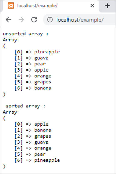 Result - PHP sort() function