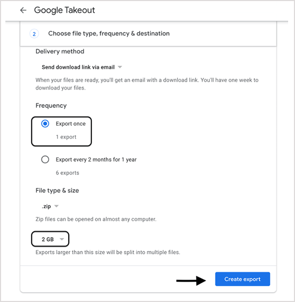 Choose frequency, file type and size